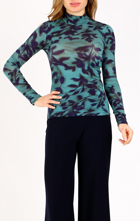 High Neck Jersey Top in Dusty Turquoise and Purple Velvet