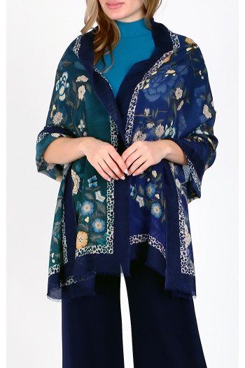 Wool and Silk Scarf Mystic Blue Floral Whisper