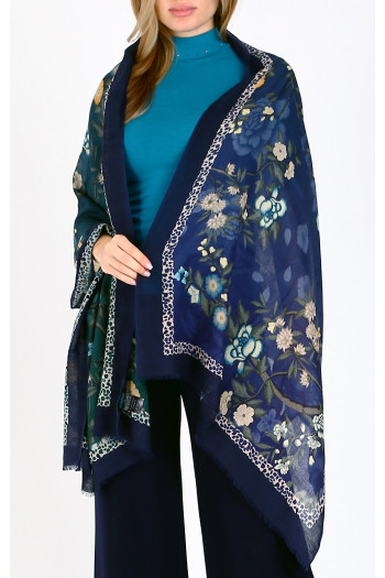 Wool and Silk Scarf Mystic Blue Floral Whisper [1]