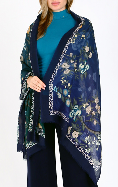 Wool and Silk Scarf Mystic Blue Floral Whisper [1]