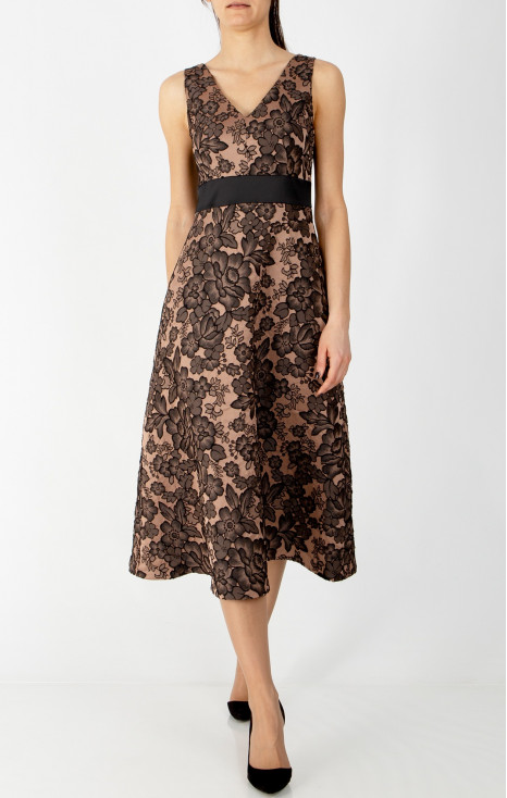 Formal dress crafted from luxurious satin jacquard in Cafe Creme