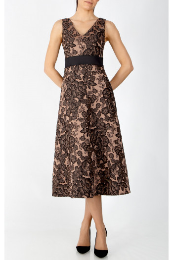 Formal dress crafted from luxurious satin jacquard in Cafe Creme
