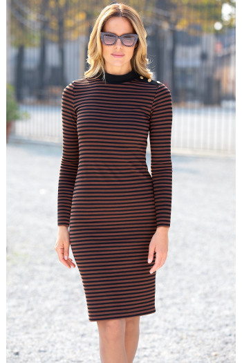 High-Neck Jersey Dress with Button Detail in Brown [1]