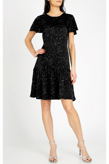 Elegant dress with a ruffle, made of satin-finish viscose in black with a fine graphic print