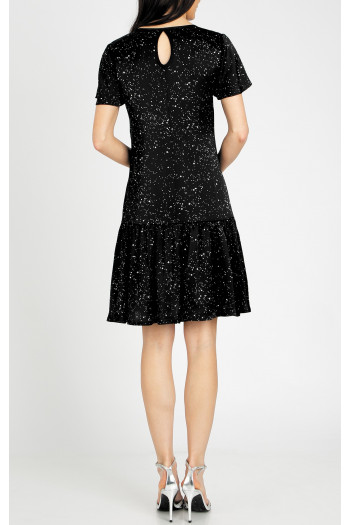 Elegant dress with a ruffle, made of satin-finish viscose in black with a fine graphic print [1]