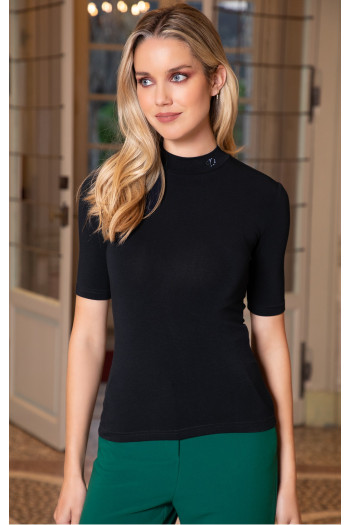 High Neck Top with Swarovski Crystals Logo In Black