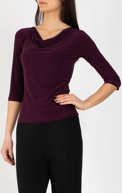 Dark Plum Draped-Neck Jersey Blouse