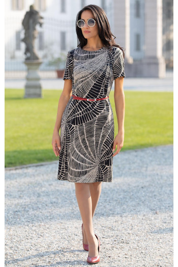 Straight dress made of dense stretch fabric in a monochrome black and ecru print