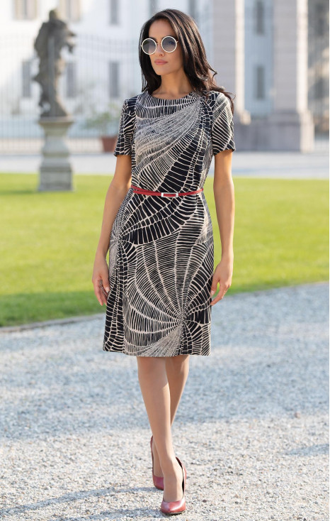 Straight dress made of dense stretch fabric in a monochrome black and ecru print