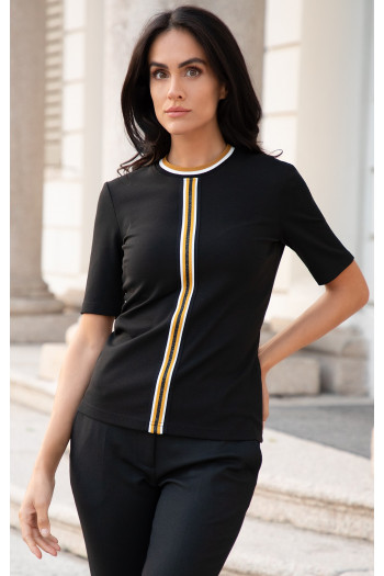 Elegant black blouse in stretch knit with decorative white and mustard stripe [1]