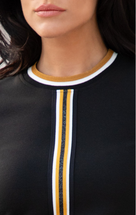 Elegant black blouse in stretch knit with decorative white and mustard stripe