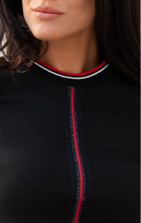 Stylish black blouse made of structured knit fabric with a decorative ribbon in red and black
