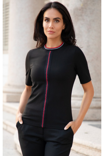 Stylish black blouse made of structured knit fabric with a decorative ribbon in red and black