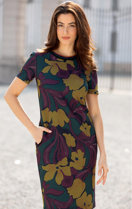 Elegant Heavy Knit Dress in a Beautiful Floral Print in Burgundy and Mustard on an Olive Green Backg