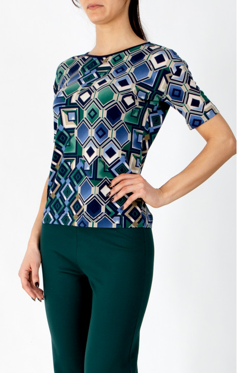 Blouse with a relaxed silhouette featuring a geometric print in blue-green tones