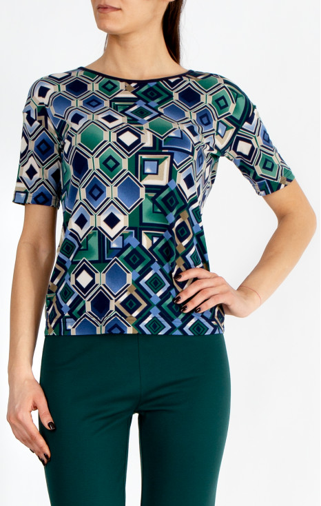Blouse with a relaxed silhouette featuring a geometric print in blue-green tones