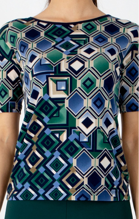 Blouse with a relaxed silhouette featuring a geometric print in blue-green tones