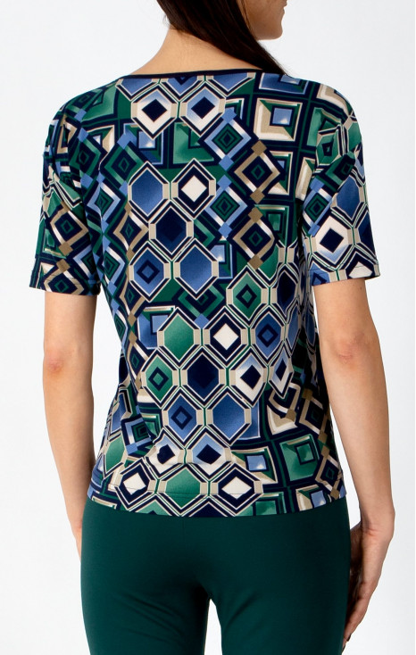Blouse with a relaxed silhouette featuring a geometric print in blue-green tones [1]