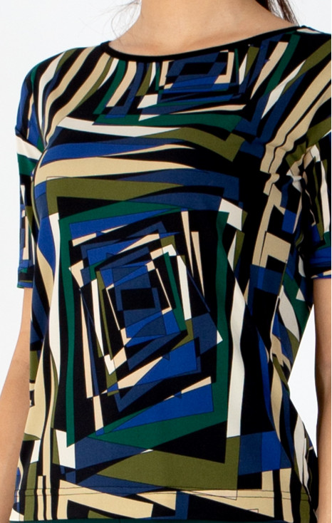 Striking blouse with an abstract geometric print in Royal Blue, Green Olive, and Ecru