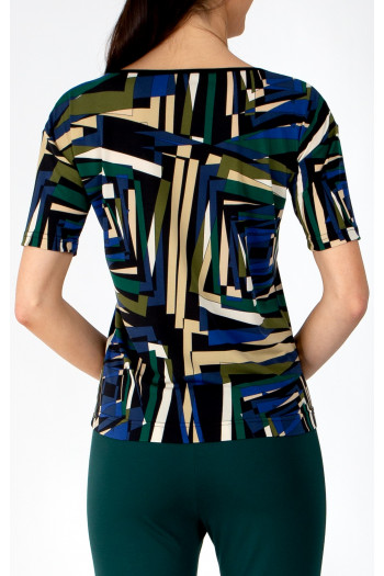 Striking blouse with an abstract geometric print in Royal Blue, Green Olive, and Ecru [1]
