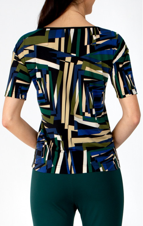 Striking blouse with an abstract geometric print in Royal Blue, Green Olive, and Ecru [1]