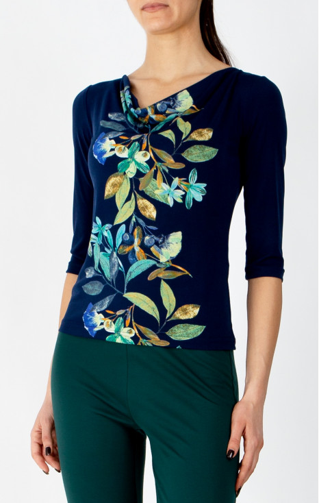 Stylish blouse with a vertical floral print in Evening Blue