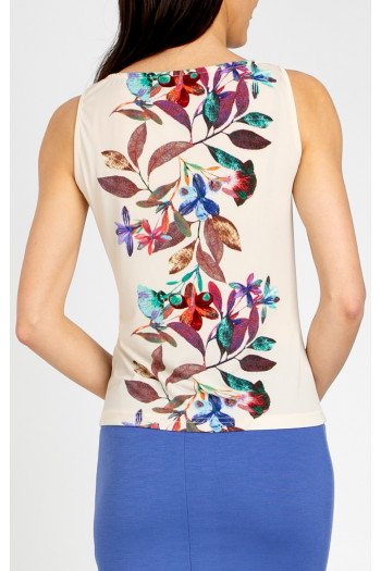 Stylish blouse with a draped neckline in Vanilla Ice, featuring a vertical floral border [1]
