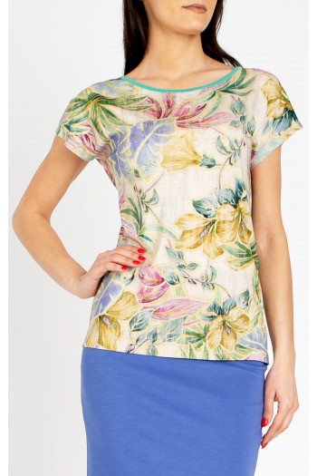 Loose-fit blouse in sandy beige with delicate floral motifs