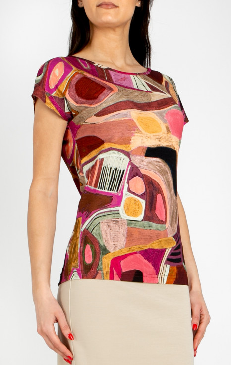 Loose-fit blouse in an abstract print in Brick and Fuchsia