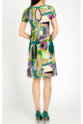 Comfortable knit dress in a dynamic graphic print in Avocado Green and Lilac. [1]