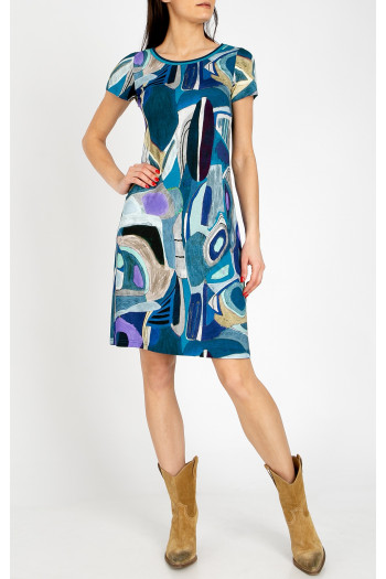 Comfortable knit dress with a dynamic print in shades of Navy Blue and Violet Tulip