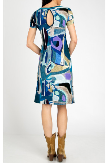 Comfortable knit dress with a dynamic print in shades of Navy Blue and Violet Tulip [1]