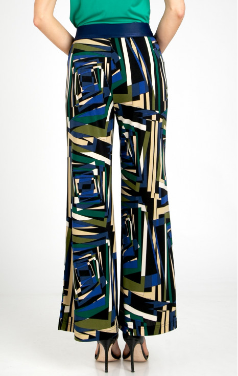 Trousers made of knit fabric with an abstract geometric print in Royal Blue, Green Olive, and Ecru