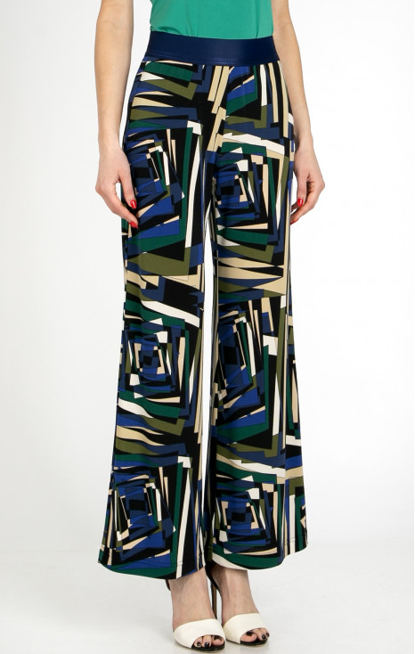 Trousers made of knit fabric with an abstract geometric print in Royal Blue, Green Olive, and Ecru