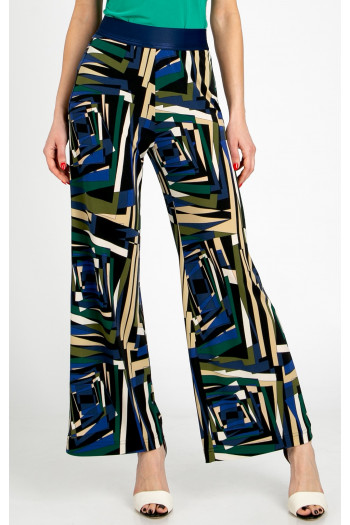 Trousers made of knit fabric with an abstract geometric print in Royal Blue, Green Olive, and Ecru