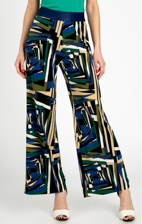 Trousers made of knit fabric with an abstract geometric print in Royal Blue, Green Olive, and Ecru