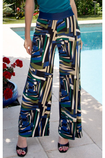 Trousers made of knit fabric with an abstract geometric print in Royal Blue, Green Olive, and Ecru