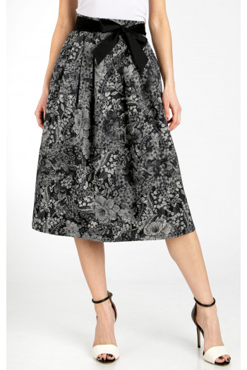 Flared midi skirt with an artistic monochrome print in graphite grey and black
