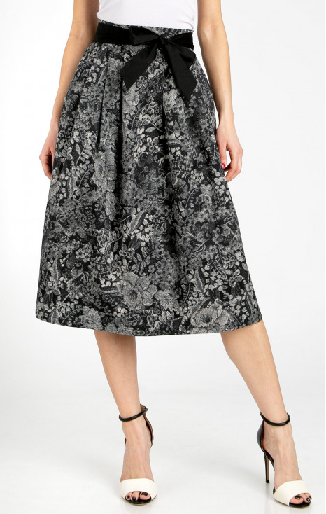 Flared midi skirt with an artistic monochrome print in graphite grey and black