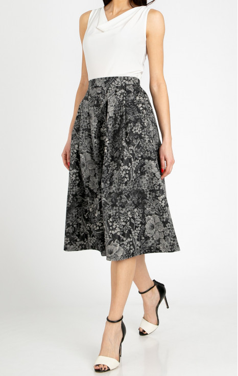 Flared midi skirt with an artistic monochrome print in graphite grey and black