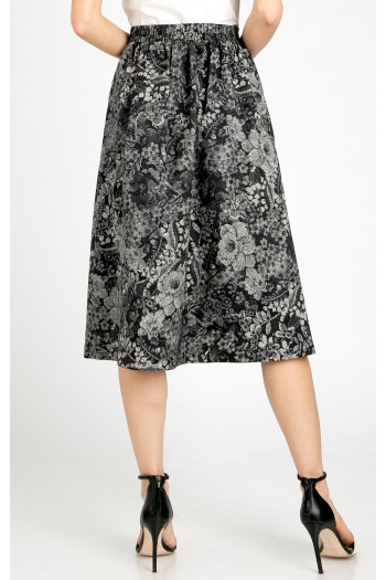 Flared midi skirt with an artistic monochrome print in graphite grey and black [1]