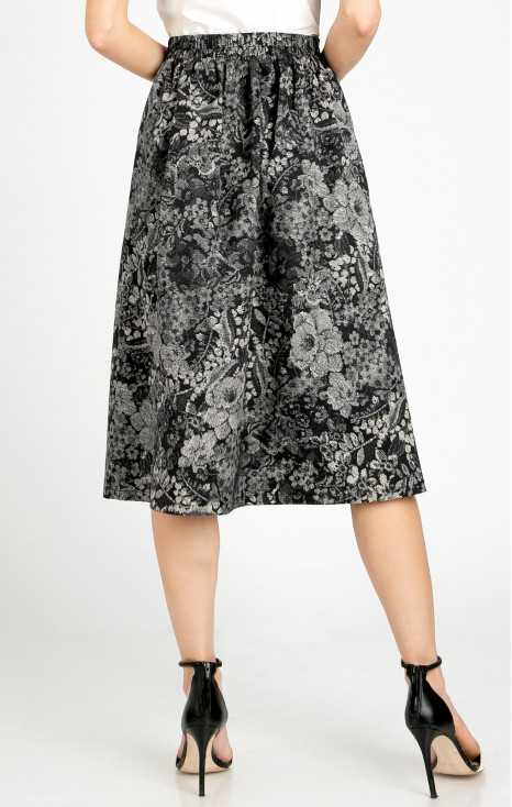 Flared midi skirt with an artistic monochrome print in graphite grey and black
