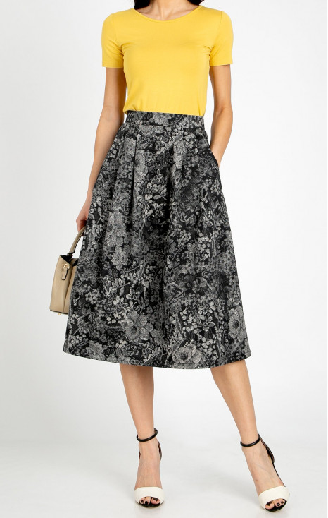 Flared midi skirt with an artistic monochrome print in graphite grey and black