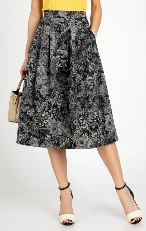 Flared midi skirt with an artistic monochrome print in graphite grey and black