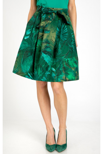 Flared cotton skirt with a tropical print in shades of green