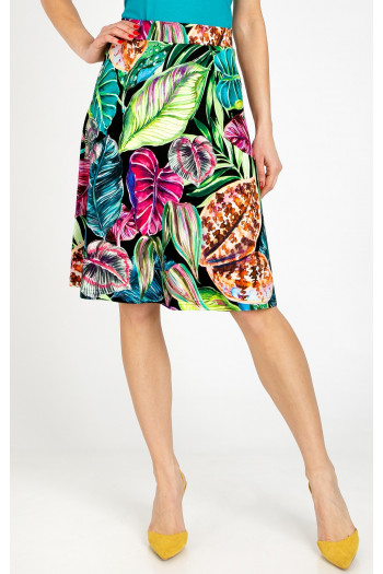 Short flared skirt with vibrant floral motifs in Fuchsia, Turquoise, and Green