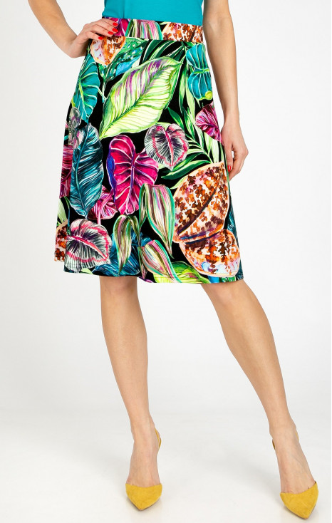 Short flared skirt with vibrant floral motifs in Fuchsia, Turquoise, and Green