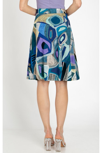 Short flared skirt made of lightweight knit fabric in a dynamic print in Navy Blue and Violet Tulip [1]