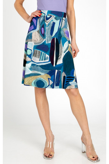 Short flared skirt made of lightweight knit fabric in a dynamic print in Navy Blue and Violet Tulip