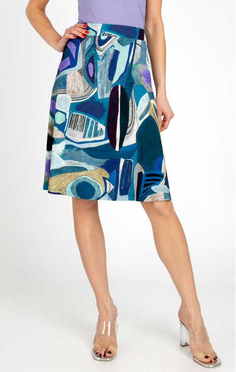 Short flared skirt made of lightweight knit fabric in a dynamic print in Navy Blue and Violet Tulip